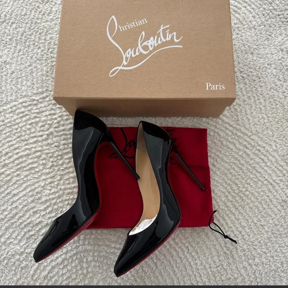 Christian Louboutin Black Patent Leather Pointed Toe Stiletto Pumps - Picture 1 of 3